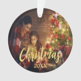 Kerstfamiliefanje met gouden foto ornament