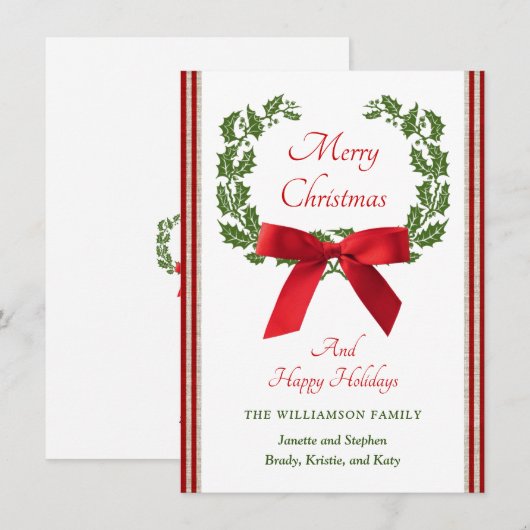 kerstfamilienaam Festive Holly Wreath Bow Feestdagenkaart (Voorkant / Achterkant)