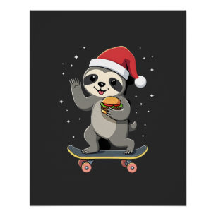 KERSTFANAAT Grappige Kerst Skateboard Luiaard ( Perfect Poster