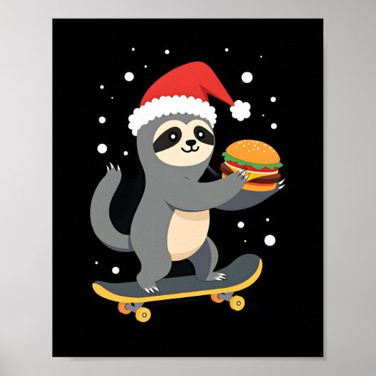 KERSTFANAAT Grappige Kerst Skateboard Luiaard ( Poster (Voorkant)
