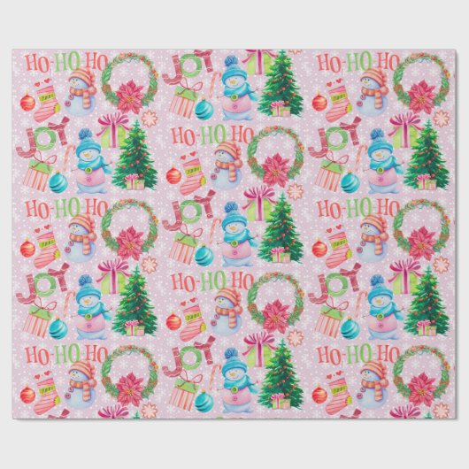 Kerstfavorieten Roze Sneeuwman Waterverf Cadeaupapier (Vlak)