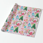 Kerstfavorieten Roze Sneeuwman Waterverf Cadeaupapier (Uitgerold)