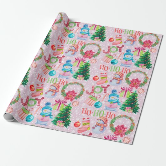 Kerstfavorieten Roze Sneeuwman Waterverf Cadeaupapier (Uitgerold)