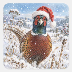 Kerstfazant in winterveld vierkante sticker