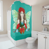 Kerstfee Brunette Rood Groene Poinsettias Douchegordijn (In situ)