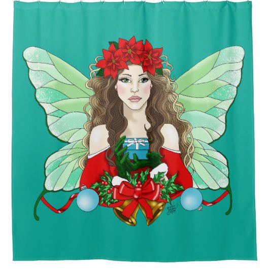 Kerstfee Brunette Rood Groene Poinsettias Douchegordijn (Voorkant)