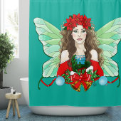 Kerstfee Brunette Rood Groene Poinsettias Douchegordijn