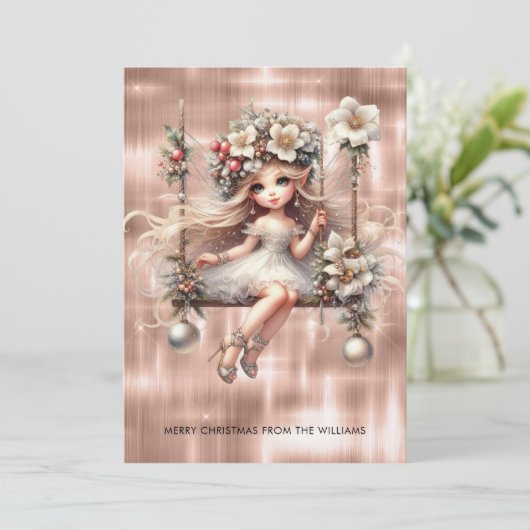 Kerstfee op Sparkle Roos Gouden Achtergrond Feestdagenkaart (Staand voorkant)