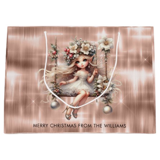 Kerstfee op Sparkle Roos Gouden Achtergrond Groot Cadeauzakje (Voorkant)
