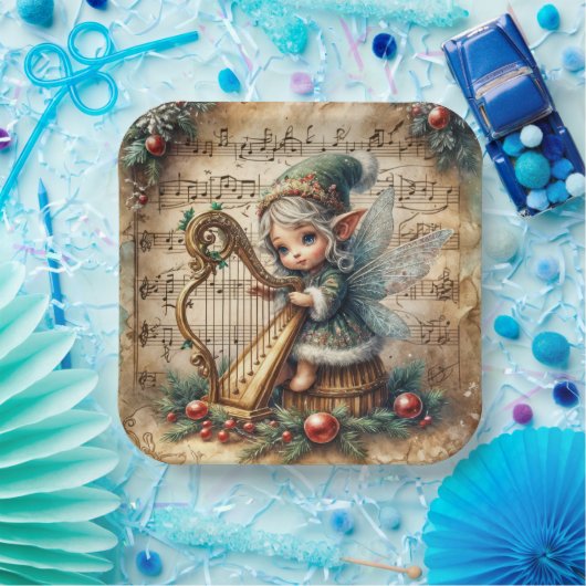 Kerstfee speelt harp papieren bordje (Feest)