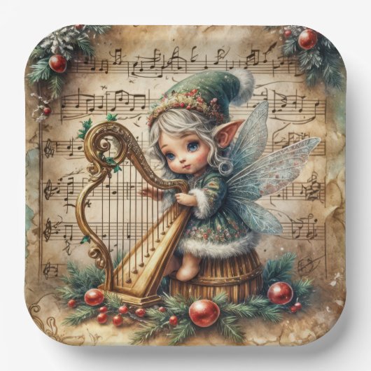 Kerstfee speelt harp papieren bordje (Voorkant)