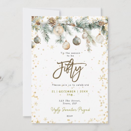 Kerstfeest 50 kerstballen pijnboom uitnodiging (Voorkant)