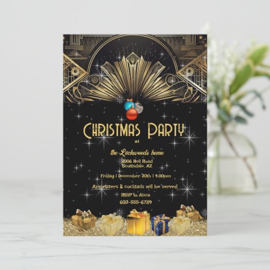 Kerstfeest Art Deco Goud Zwart Kaart (Staand voorkant)
