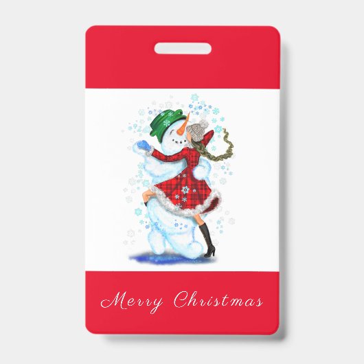 Kerstfeest Badge Sneeuwman en Meisje Dansen (Voorzijde)