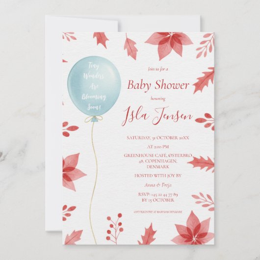 Kerstfeest Ballon en Rode Bladeren Baby Show Kaart (Voorkant)