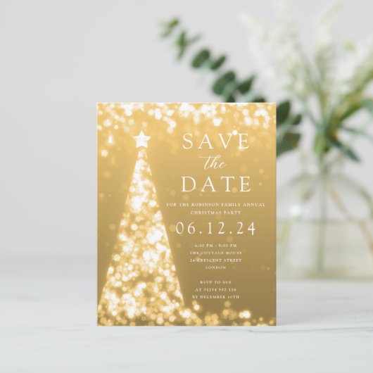 Kerstfeest Bewaar de datum Gold Tree Invite (Staand voorkant)