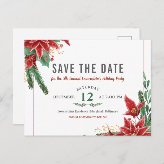 Kerstfeest Bewaar de datum Poinsettia Aankondigingskaart (Voorkant / Achterkant)