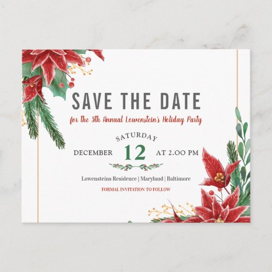Kerstfeest Bewaar de datum Poinsettia Aankondigingskaart (Voorkant)