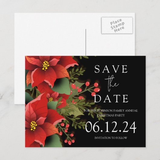 Kerstfeest Bewaar de datum Poinsettia Zwart Aankondigingskaart (Voorkant / Achterkant)