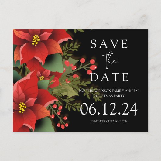 Kerstfeest Bewaar de datum Poinsettia Zwart Aankondigingskaart (Voorkant)