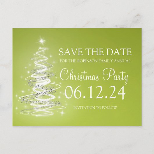 Kerstfeest Bewaar de datum Sparkling Tree Green Aankondigingskaart (Voorkant)