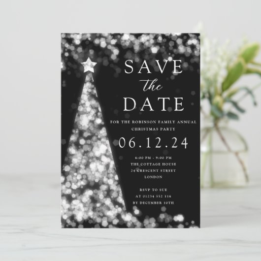 Kerstfeest Bewaar de datum Zilveren Boom Glam Kaart (Staand voorkant)
