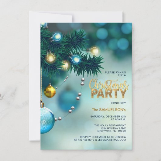 KERSTFEEST Blauw Gouden Boom Baubles Glitter Kaart (Voorkant)