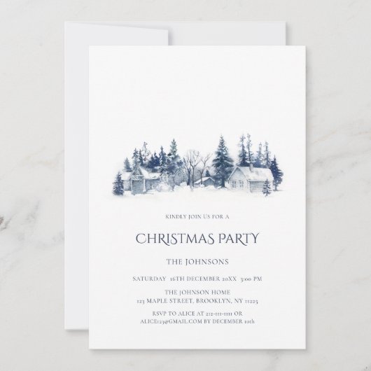 Kerstfeest Blauw Wit Dorp Uitnodiging (Voorkant)