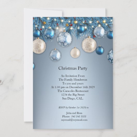 Kerstfeest blauwe baubles uitnodiging (Voorkant)