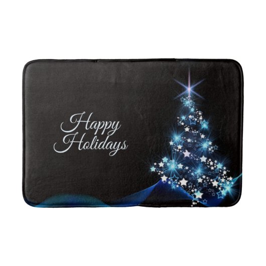 Kerstfeest Blauwe Boom Glanzend Zwart Elegant Badmat (Voorkant)