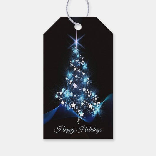 Kerstfeest Blauwe Boom Glanzend Zwart Elegant Cadeaulabel (Voorkant)