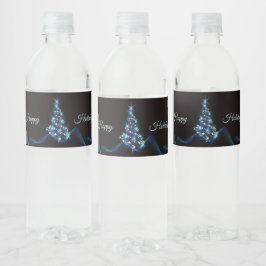 Kerstfeest Blauwe Boom Glanzend Zwart Elegant Waterfles Etiket