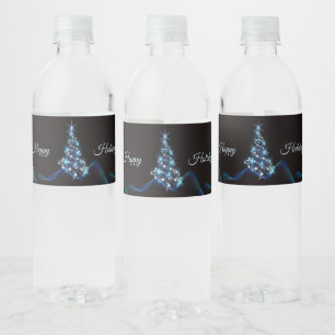 Kerstfeest Blauwe Boom Glanzend Zwart Elegant Waterfles Etiket