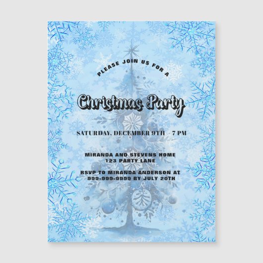 Kerstfeest blauwe boom sneeuwvlokken luxe magnetische uitnodiging (Voorkant)