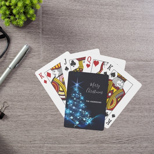Kerstfeest blauwe zwarte boom modern pokerkaarten