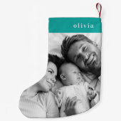 Kerstfeest | Blauwgroen foto Modern Turquoise Kleine Kerstsok (Achterkant)