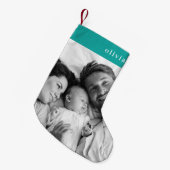 Kerstfeest | Blauwgroen foto Modern Turquoise Kleine Kerstsok (Voorkant (Hangend))