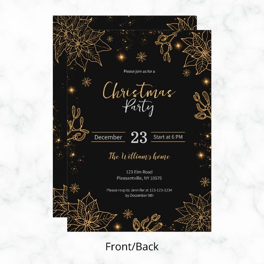 Kerstfeest bloemen en sterren | Zwart en goud Kaart