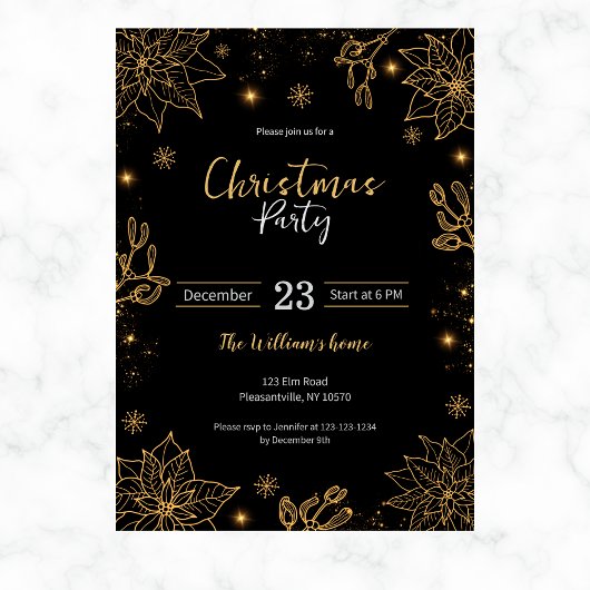 Kerstfeest bloemen en sterren | Zwart en goud Kaart