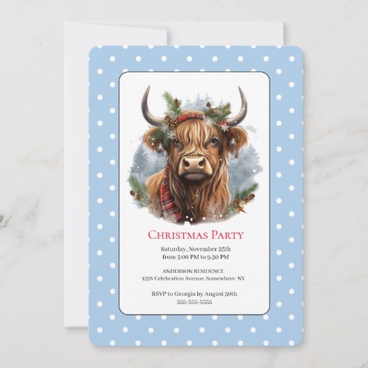 Kerstfeest Blue Highland Koe Kaart (Voorkant)