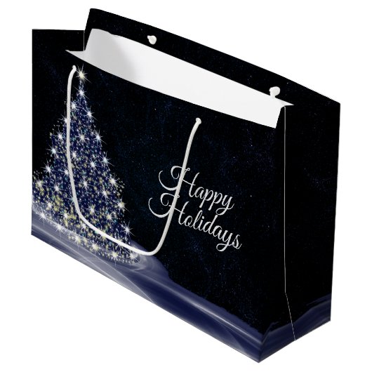 Kerstfeest Blue Shiny Boom Winter Navy Rustic Groot Cadeauzakje (Voorkant Gekanteld)