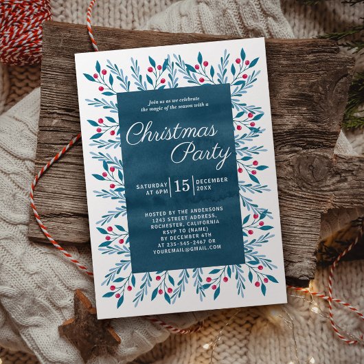 Kerstfeest Blue Waterverf Botanisch Kaart