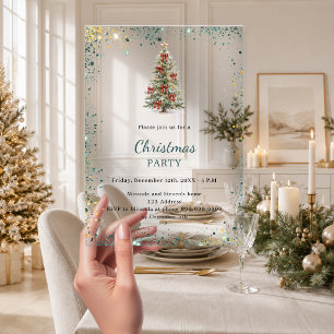 Kerstfeest boomlinten groene glitters acryl uitnodigingen