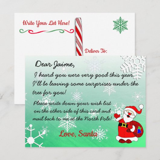 Kerstfeest Briefkaart van de Kerstman naar een kin (Voorkant / Achterkant)