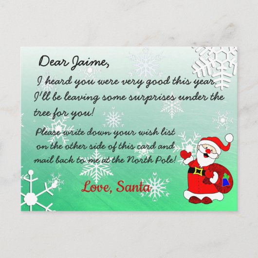 Kerstfeest Briefkaart van de Kerstman naar een kin (Voorkant)