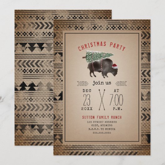 Kerstfeest Buffalo Bison Santa Burlap Kaart (Voorkant / Achterkant)