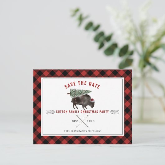 Kerstfeest Buffel rood Plaid Save the Date Feestdagenkaart (Staand voorkant)