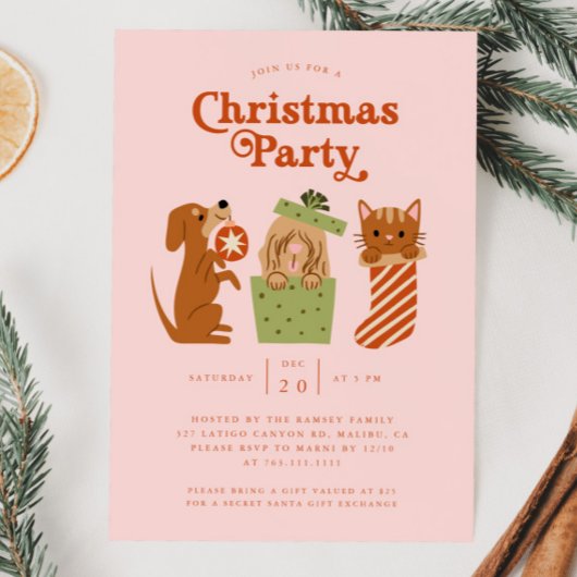 Kerstfeest Cat Dog Pink Kaart