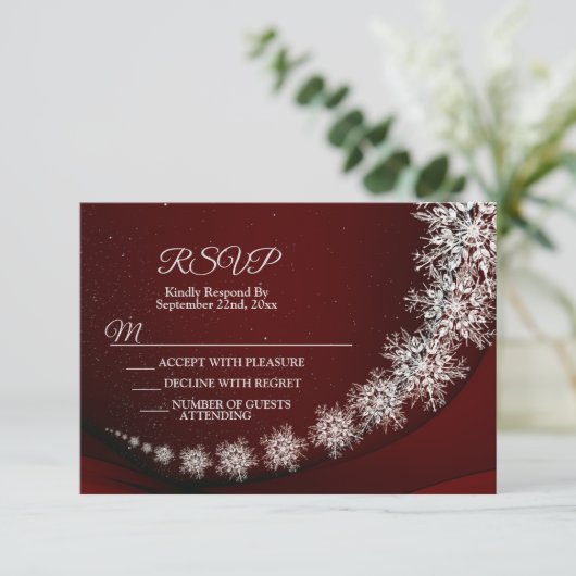 Kerstfeest Crystal Snowflakes Red Rustic RSVP Kaartje (Staand voorkant)