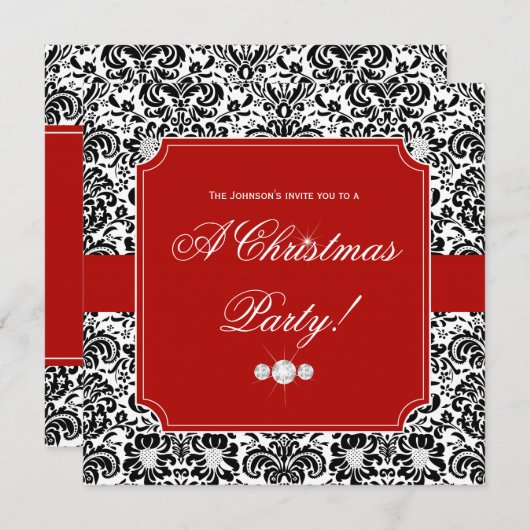 Kerstfeest Damask Red Black White Invite Kaart (Voorkant / Achterkant)